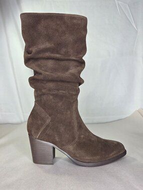 Earth Vine Narrow Calf Block Heel Boots - Dark Brown Suede, Size: 6 M